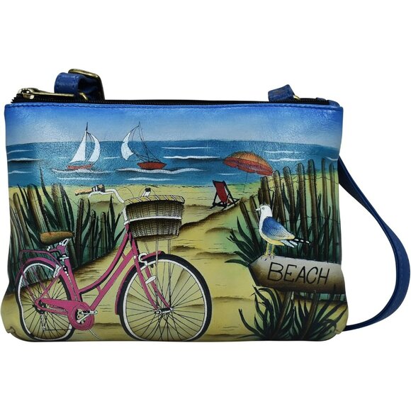 Women's Beach Day Hand-Painted Leather Crossbody Bag with Zip Around Closure